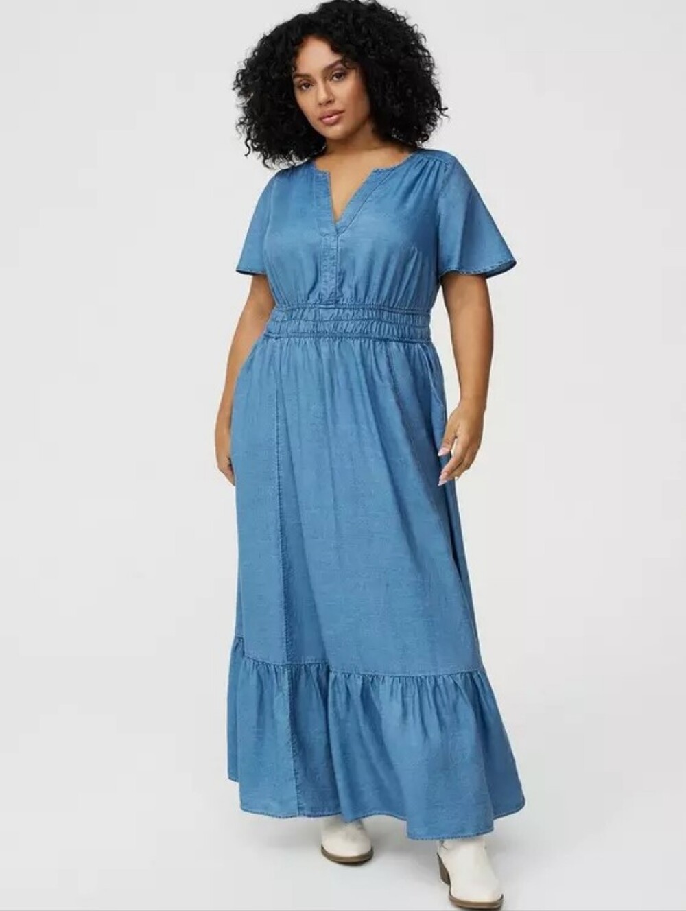 Torrid Blue Flutter Sleeve Tiered Boho Blue Chambray Maxi Dress Plus Size 3X Nwt